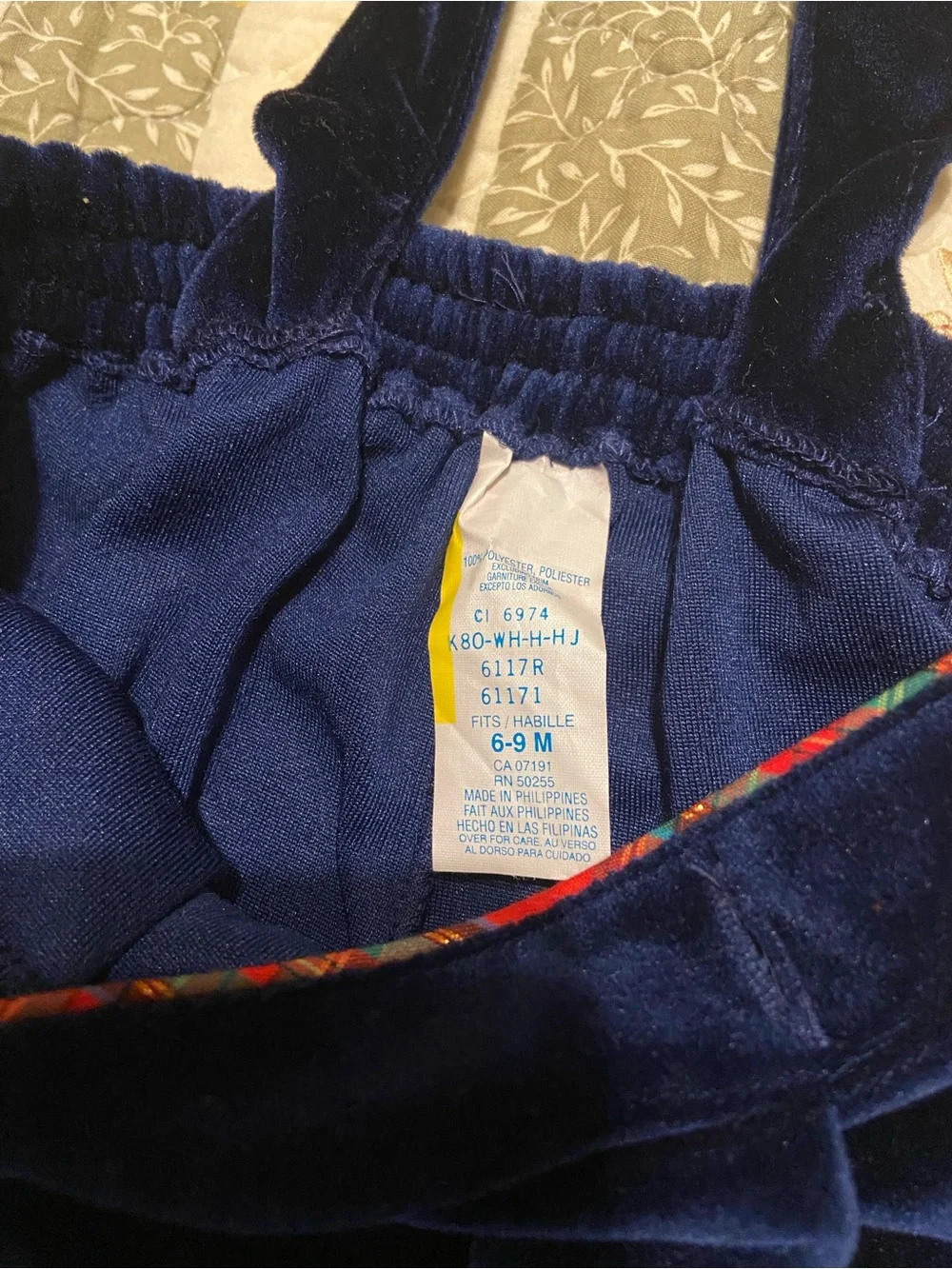 Vintage Blue Velvet Baby Overalls with Plaid Bear Design Size 6-9 Months Unisex